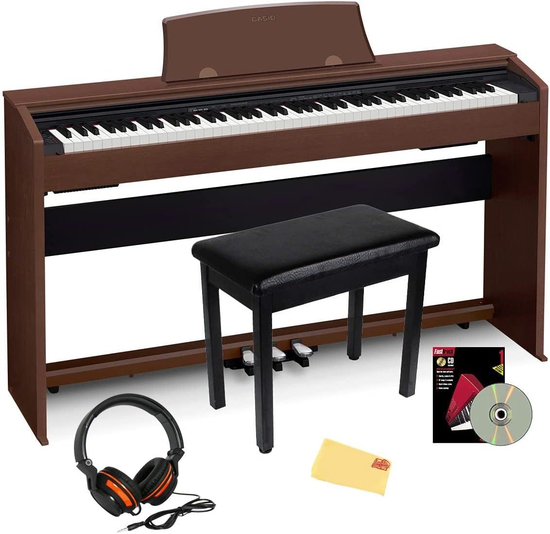brown Casio PX-770 keyboard with black bench and headphones