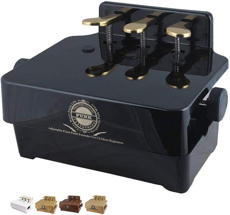 black, shiny pedal extender with gold pedals